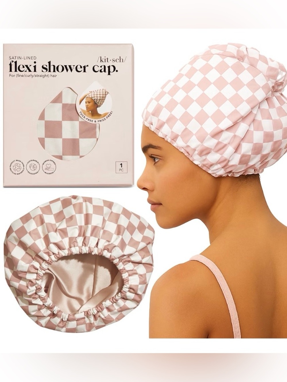 Kitsch Pink and White Checker Satin-Lined Flexi Shower Cap